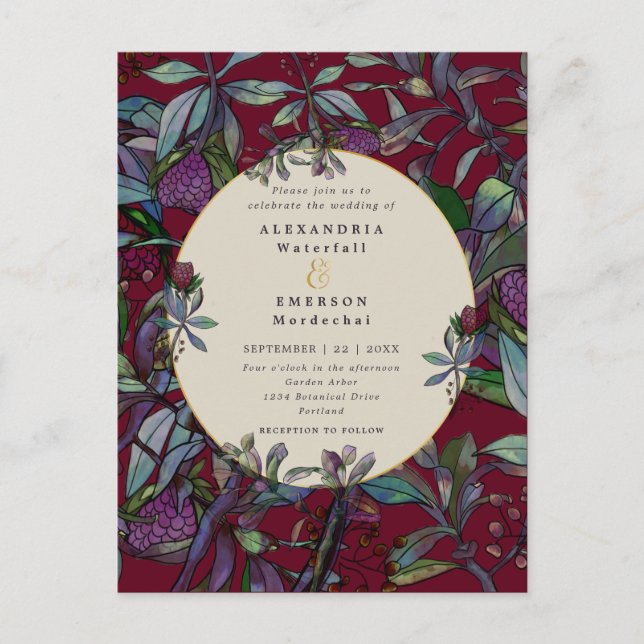 Carte Postale Faire-part de mariage cadre floral feuille bordeau (Devant)