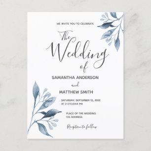 Carte Postale Faire-part de mariage de feuillage botanique bleu 