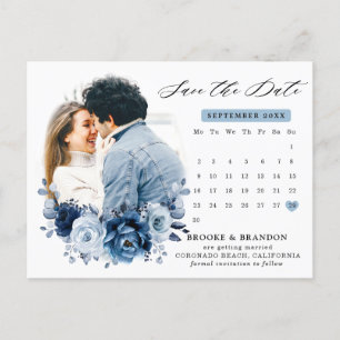 Carte Postale Faire-part de mariage floral Navy Bleu Poussiéreux