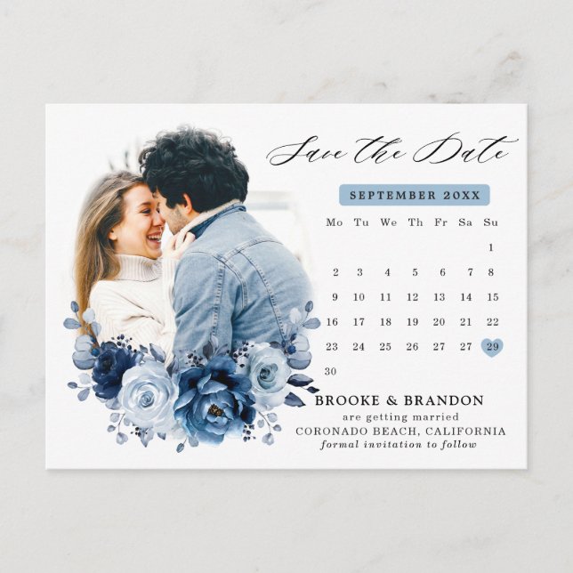 Carte Postale Faire-part de mariage floral Navy Bleu Poussiéreux (Devant)