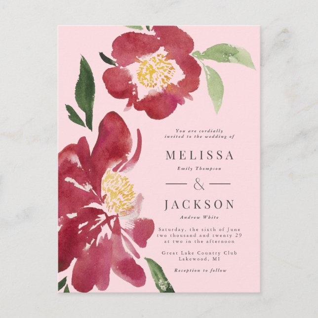 Carte Postale Faire-part de mariage Pivoines Rouges Blush (Devant)
