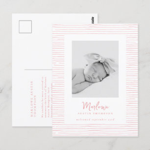 Carte Postale Faire-part de naissance à rayures roses à main cla