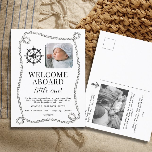 Carte postale Faire-part de naissance bébé à thème (Newborn Baby Birth Announcement Postcard with cute nautical elements)