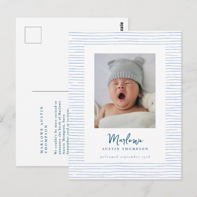 Carte Postale Faire-part de naissance bleu à main classique (Devant / Derrière)