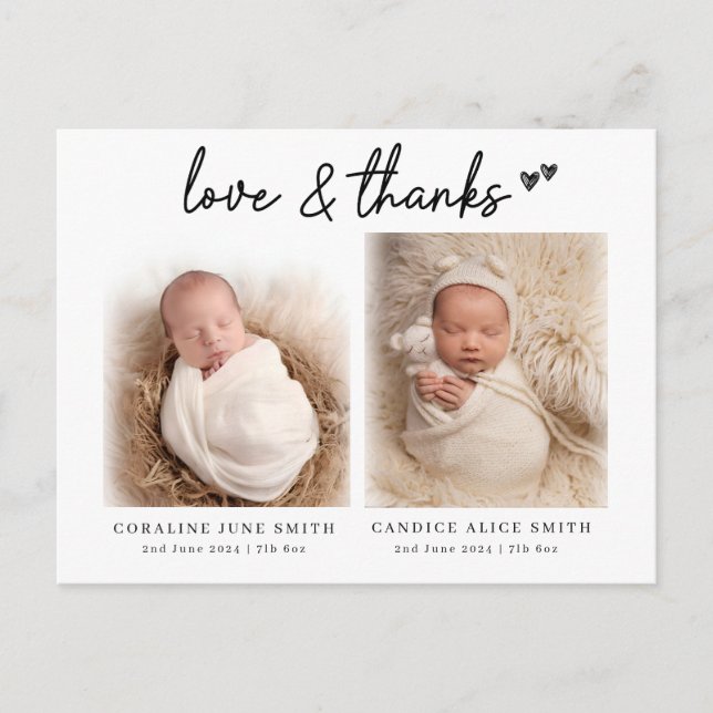 Carte Postale Faire-part de naissance de bébés jumeaux photo amo (Devant)