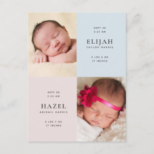 Carte Postale Faire-part de naissance de jumeaux photo Bleu & Ro