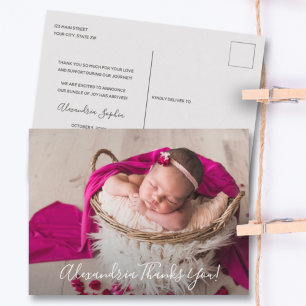 Carte Postale Faire-part de naissance de script Merci photo bébé