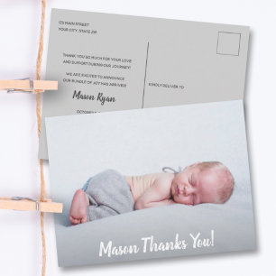 Carte Postale Faire-part de naissance de script Merci photo bébé