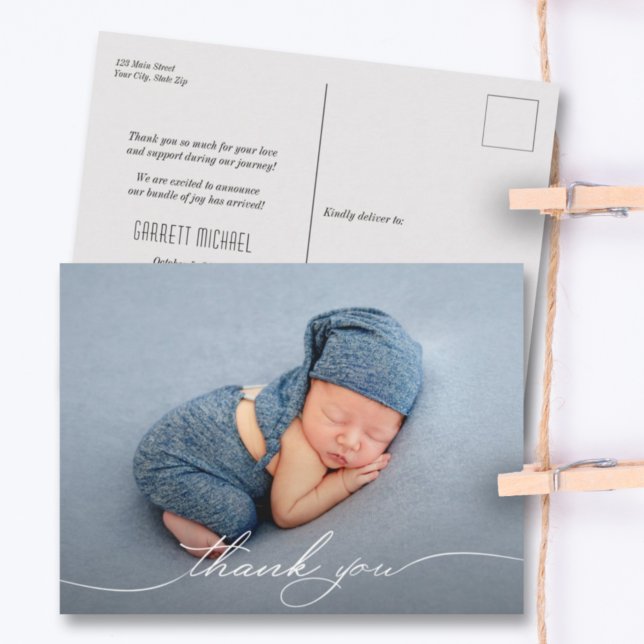 Carte Postale Faire-part de naissance de script Merci photo bébé (Créateur téléchargé)