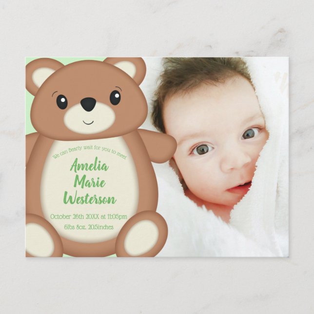 Carte Postale Faire-part de naissance d'ours en peluche vert (Devant)