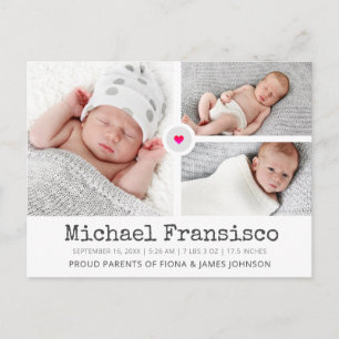 Carte Postale Faire-part de naissance moderne en grille de photo