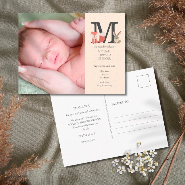 Carte Postale Faire-part de naissance Monogramme photo bébé (Créateur téléchargé)