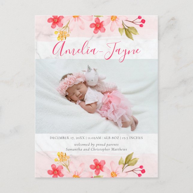 Carte Postale Faire-part de naissance photo en marbre floral ten (Devant)