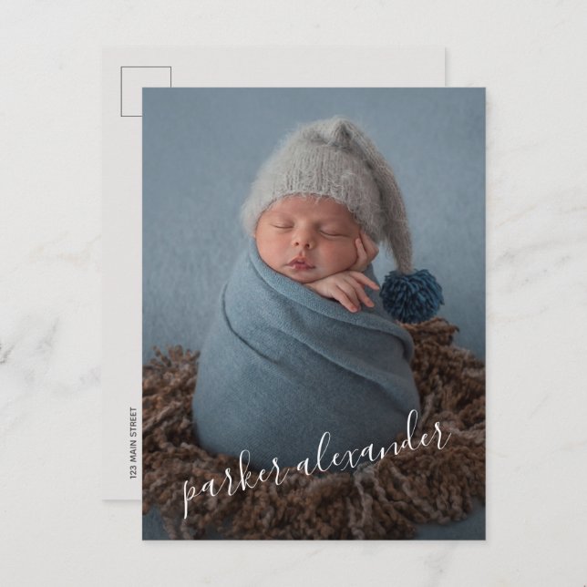 Carte Postale Faire-part de naissance Script Merci Photo de bébé (Devant / Derrière)