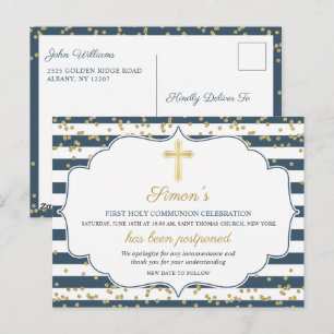Carte Postale Faire-part de Première Communion or bleu reporté