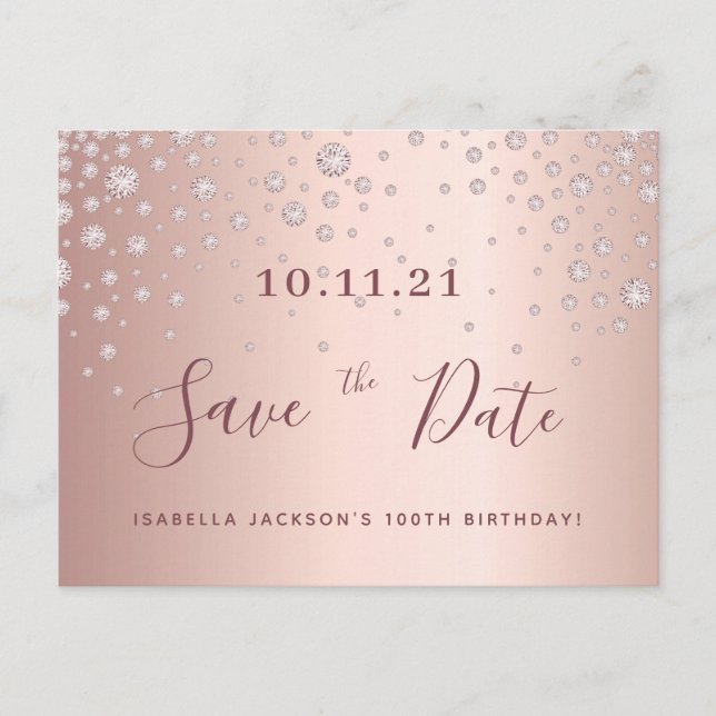 Carte Postale faire-part de sauvegarde diamants or rose pour 100 (Devant)