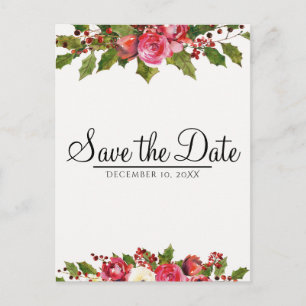 Carte Postale Faire-part Décembre Mariage d'hiver Holly Floral Enregistrer 