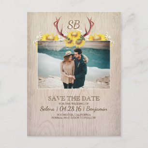 Carte Postale Faire-part Deer Antlers et Sunflower Photo Enregistrer la dat