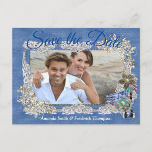 Carte Postale Faire-part Denim avec dentelle de crème et bijoux costume