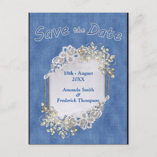 Carte Postale Faire-part Denim avec dentelle de crème et perles