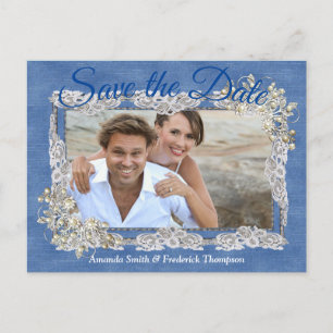 Carte Postale Faire-part Denim avec dentelle de fleur de crème