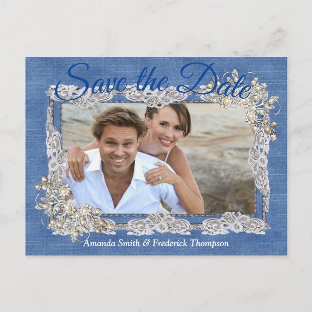 Carte Postale Faire-part Denim avec dentelle de fleur de crème (Devant)