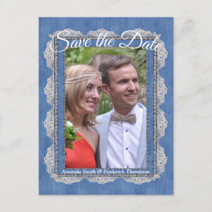 Carte Postale Faire-part Denim avec dentelle de fleurs crème
