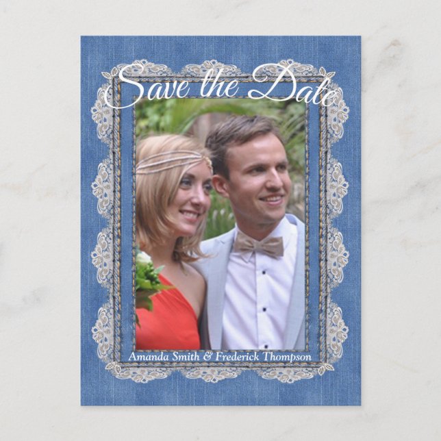 Carte Postale Faire-part Denim avec dentelle de fleurs crème (Devant)