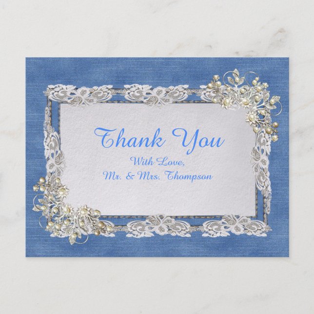 Carte Postale Faire-part Denim bleu, dentelle et perles d'ivoire (Devant)