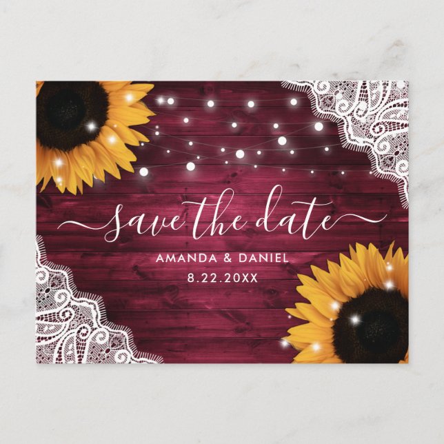 Carte Postale Faire-part Dentelle Bourgogne Mariage Tournesol Enregistrer L (Devant)