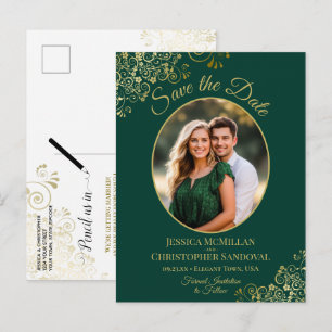 Carte Postale Faire-part Dentelle d'or sur un mariage émeraude Enregistrer