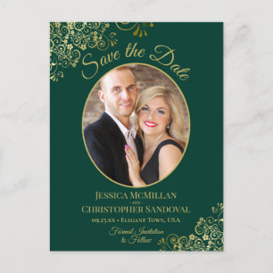 Carte Postale Faire-part Dentelle d'or sur un mariage émeraude Enregistrer 