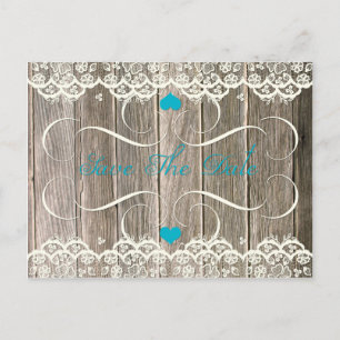 Carte Postale Faire-part Dentelle En Bois De Grange Coeurs Turquoises Fissu