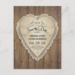 Carte Postale Faire-part dentelle rustique burlap bois coeur enregistrer la