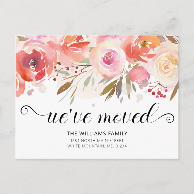 Carte Postale Faire-part Déplacement Chic Blush Rose Roseau Aquarelle Flora (Devant)