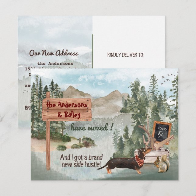 Carte Postale Faire-part Déplacer Black Dachshund Woods Nouvelle adresse    (Devant / Derrière)