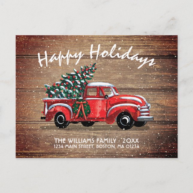 Carte Postale Faire-part Des vacances joyeuses au camion Vintage rouge russ (Devant)