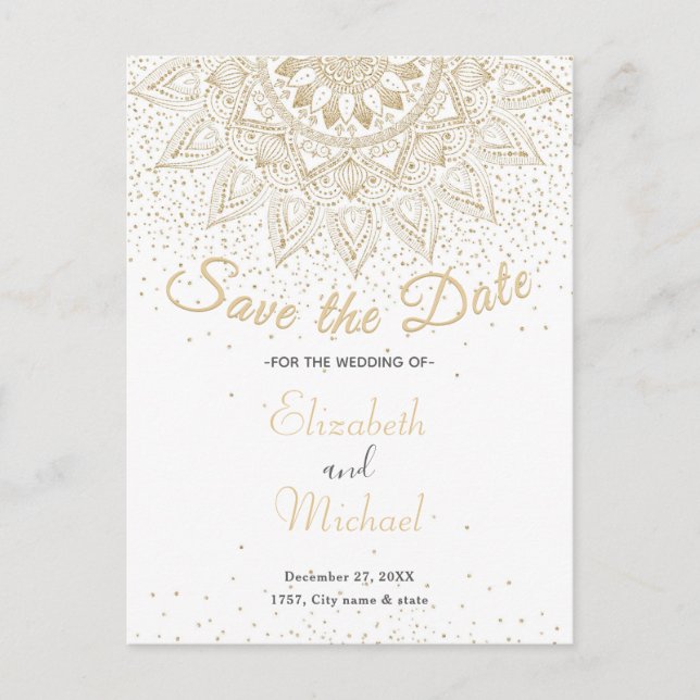 Carte Postale Faire-part Design élégant de confettis en mandala doré (Devant)