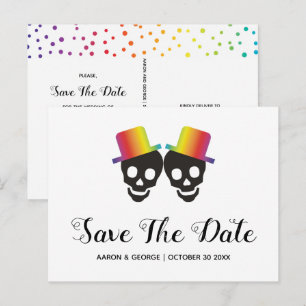 Carte Postale Faire-part Deux crânes, confetti gay Enregistrer la date
