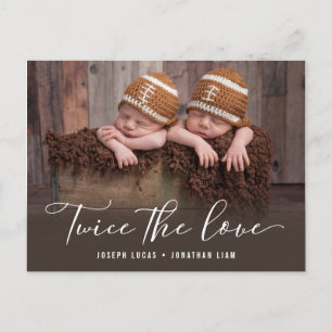 Carte Postale Faire-part Deux fois l'amour Photo de naissance jumeaux