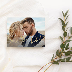 Carte Postale Faire-part Deux photos Faux Gold Modern Script Enregistrer