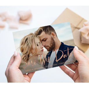 Carte Postale Faire-part Deux photos   Faux or rose écriture Save the Date