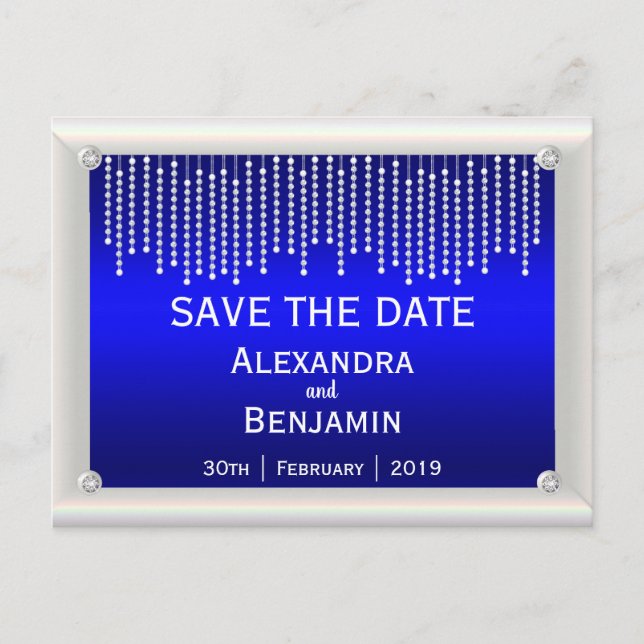 Carte Postale Faire-part Diamants et perles Mariage bleu Enregistrer la dat (Devant)