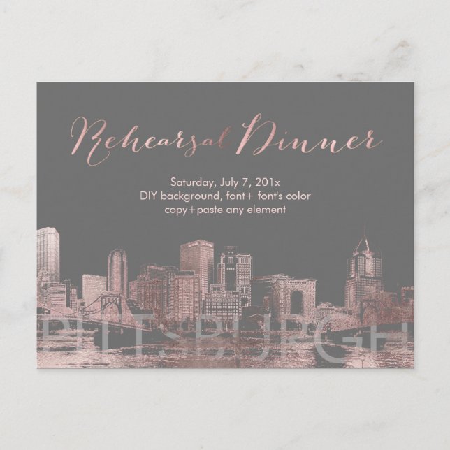 Carte Postale Faire-part Dîner de répétition Pink Gold Pittsburgh Skyline (Devant)