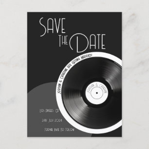 Carte Postale Faire-part Disque Vinyle Rétro 70s Noir et Blanc Minimaliste