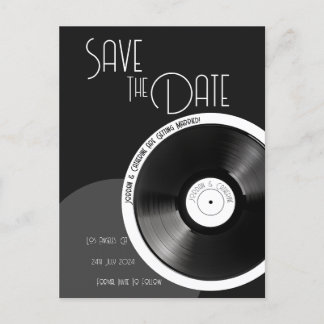 Carte Postale Faire-part Disque Vinyle Rétro 70s Noir et Blanc Minimaliste