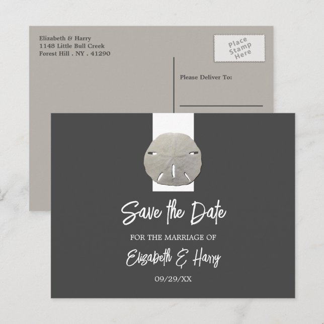 Carte Postale Faire-part Dollar de Sable Solitaire - Gris Charbon - Sauvega (Devant / Derrière)