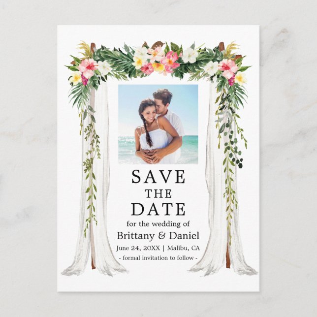 Carte Postale Faire-part Drapeau de Mariage Aquarelle Fleurs Tropicales Pho (Devant)