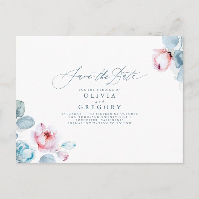 Carte Postale Faire-part Dusty Blue et Fleurs Roses Enregistrer la Date (Devant)
