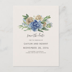 Carte Postale Faire-part Dusty Blue et ivoire Save the Date floral rustique